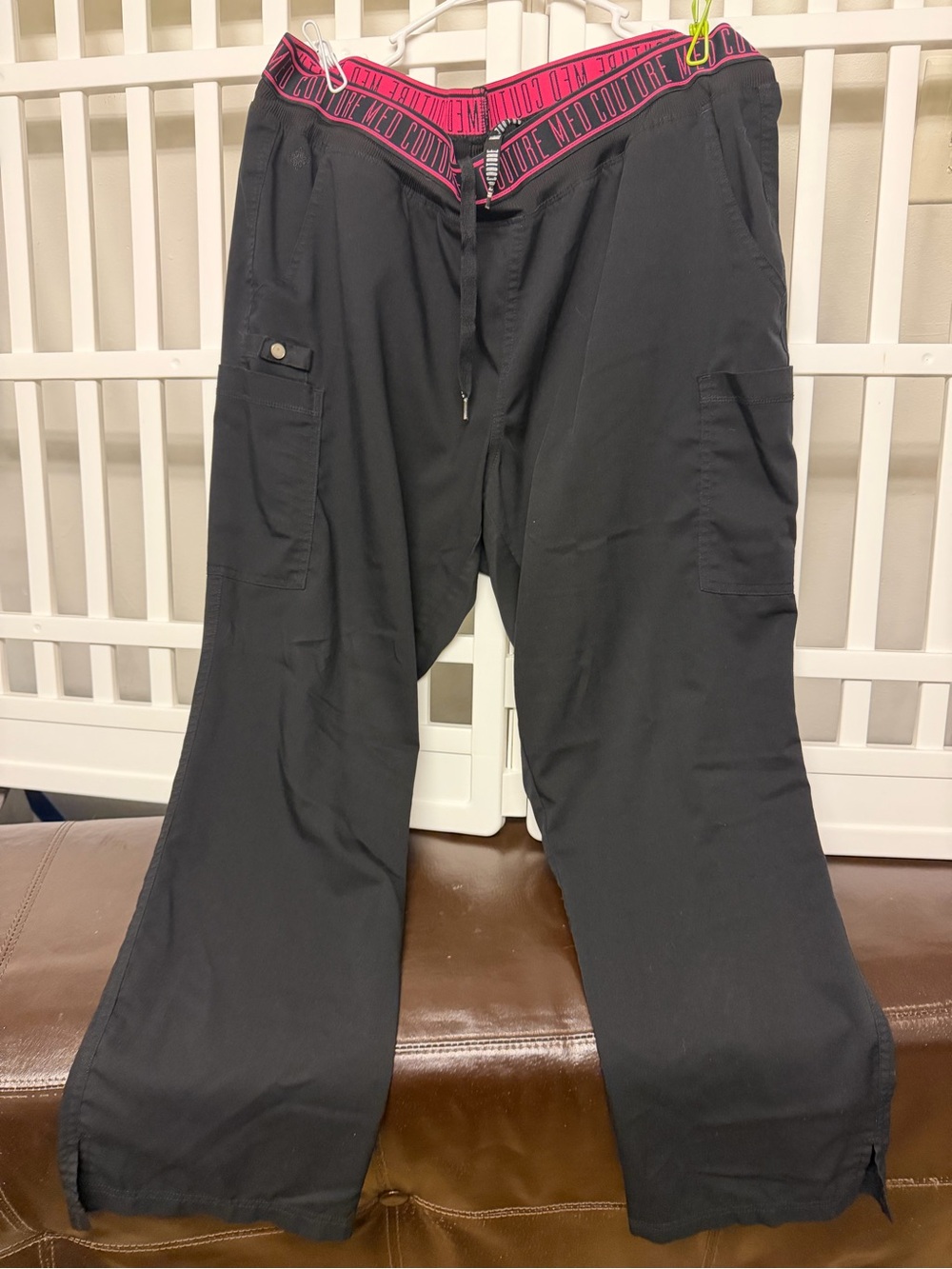Med Couture Black Cargo Scrub Pants with Pink Branded Waistband